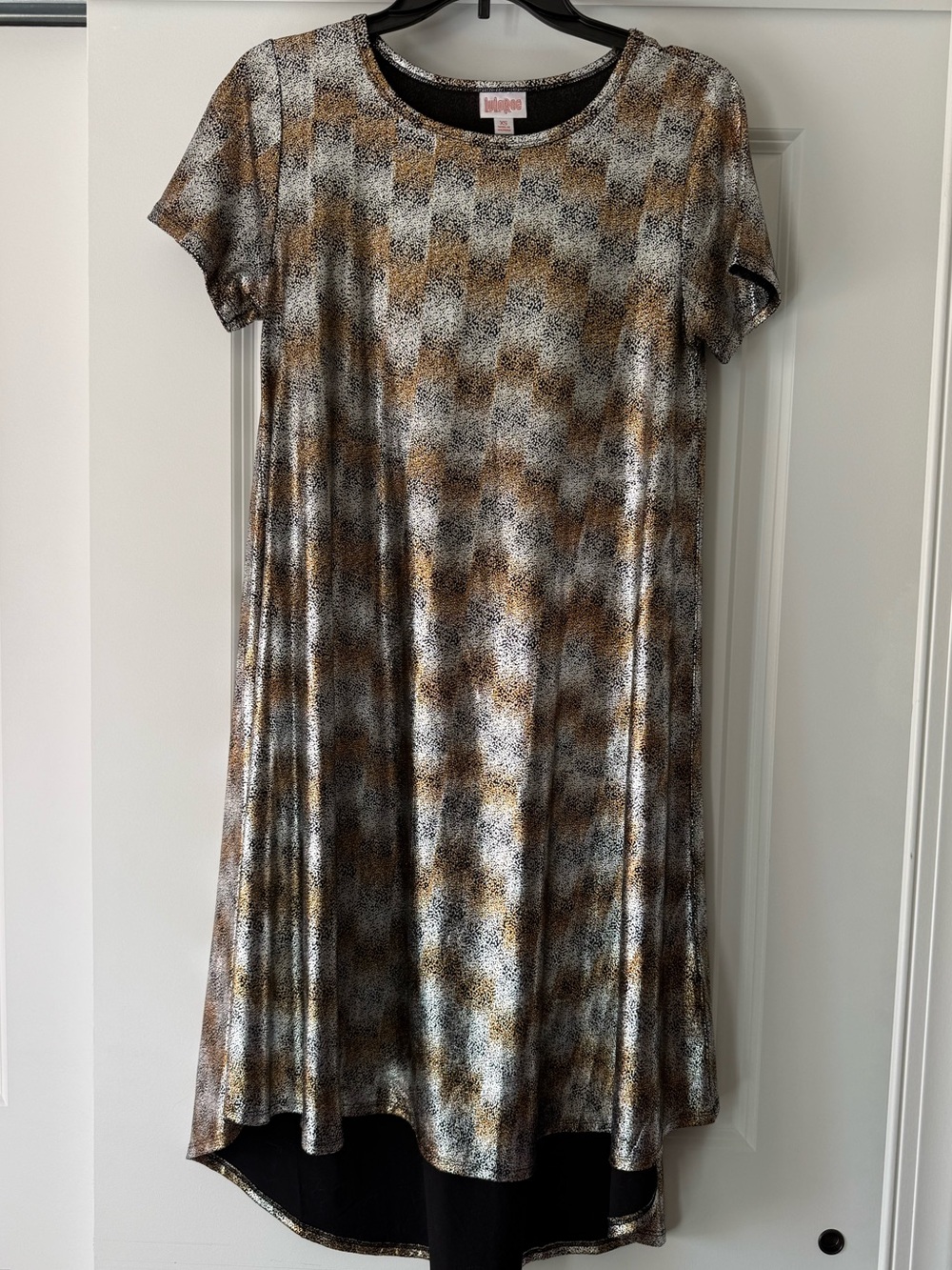 LuLaRoe Metallic Short Sleeve Swing Dress - Gold, Black, Gray